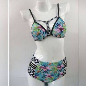 Tinpia Womens Green Floral Swimwear High Waist Bikini Bandage Swimsuit